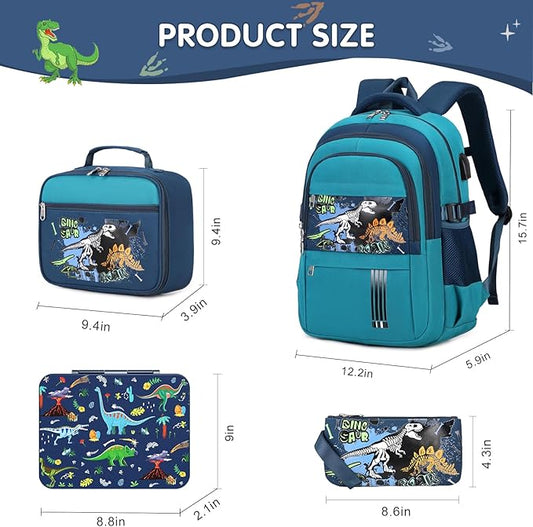Luminous Boys Backpack - Dinosaur Bento Box with Insulated Lunch Bag Pencil Case & Utensils Set for Kids, 6 Leakproof Compartments Removable Tray Lunches or Snack Container (Green Dinosaur)