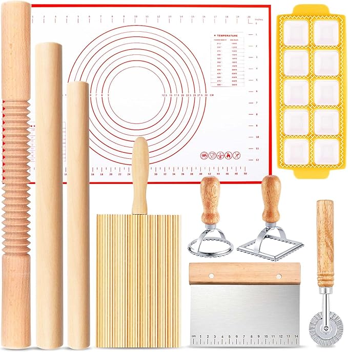 Pasta Making Tools, 10 Piece Wood Pasta Making Kit with 3 Rolling Pins, 1 Gnocchi Board, 1 Dough Cutter, 1 Ravioli Cutter, 1 Ravioli Maker, 2 Pasta Stamps, 1 Baking Mat, Ravioli Pasta Set for Kitchen