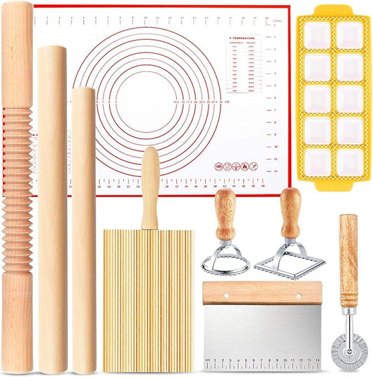 Pasta Making Tools, 10 Piece Wood Pasta Making Kit with 3 Rolling Pins, 1 Gnocchi Board, 1 Dough Cutter, 1 Ravioli Cutter, 1 Ravioli Maker, 2 Pasta Stamps, 1 Baking Mat, Ravioli Pasta Set for Kitchen
