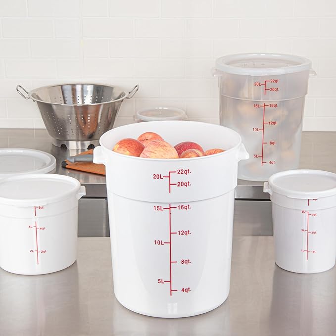 Restaurantware-Met Lux 22 Quart Food Storage Containers, 10 White Storage Containers - Lids Sold Separately, Red Volume Markers, Dishwashable Containers, Side Handles, For Storing Foods