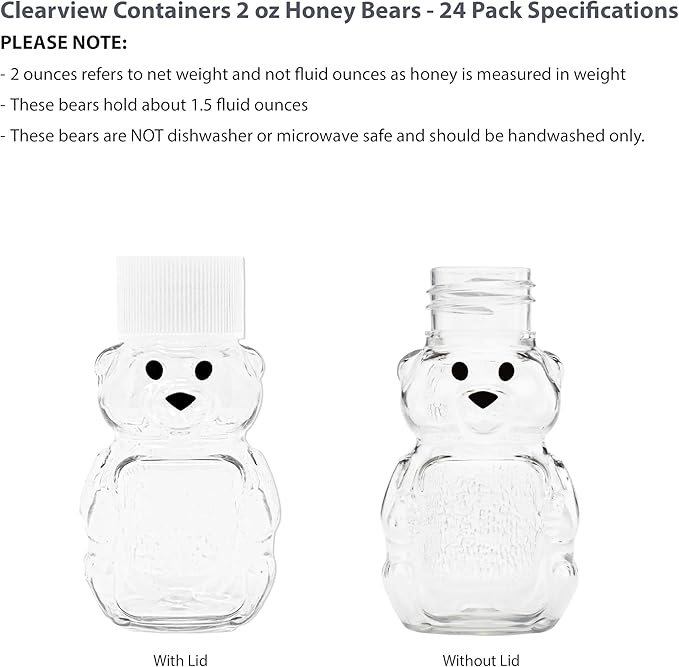 2 Ounce Honey Bears with Sealable White Screw Top Lid - 24 Pack (2 oz. Bear, 24pk, White)