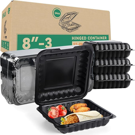 To Go Containers, Reusable 55 Pack 34 oz BPA Free Meal Prep Container 3 Compartment MFPP Clamshell Take Out Boxes
