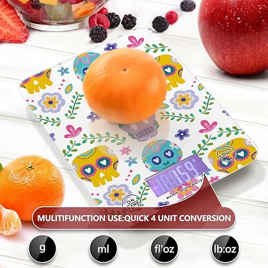 Food Scale Kitchen Digital Scale Food Ounces and Grams Dieting Baking Cooking Waterproof Glass Panels LCD Display,4 Units Scale Tare Function Skull