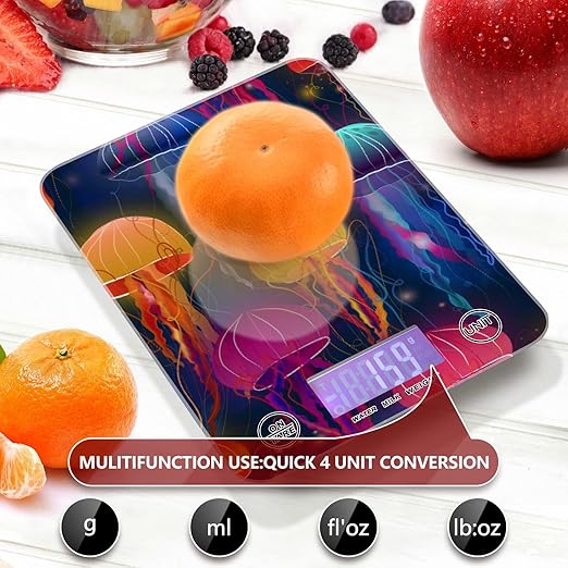 Food Scale Kitchen Digital Scale Food Ounces and Grams Dieting Baking Cooking Waterproof Glass Panels LCD Display,4 Units Scale Tare Function Jellyfish