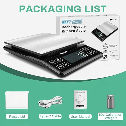 NEXT-SHINE Kitchen Food Scale - 11lb/5kg, Rechargeable Digital Grams and Ounces for Cooking, Baking, Meal Prep, 0.1g/0.01oz Precise Graduation, 304 Stainless Steel Platform LCD Display