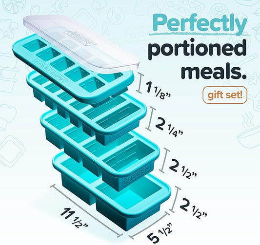 Souper Cubes Silicone Freezer Molds Gift Set with 2 Tbsp, 1/2, 1, and 2 Cup Silicone Freezer Trays With Lids - Meal Prep and Kitchen Essentials Bundle - Aqua