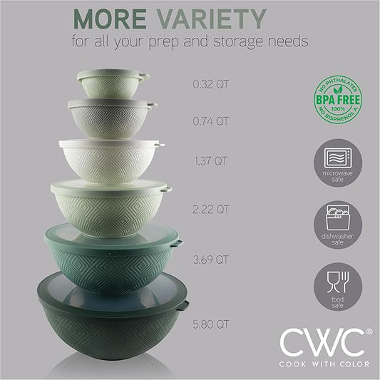 COOK WITH COLOR Mixing Bowls with Lids - 12 Piece Plastic Nesting Bowls Set includes 6 Prep Bowls and 6 Lids, Non Slip Bottom and Rhombus Design - Microwave Safe (Sage)