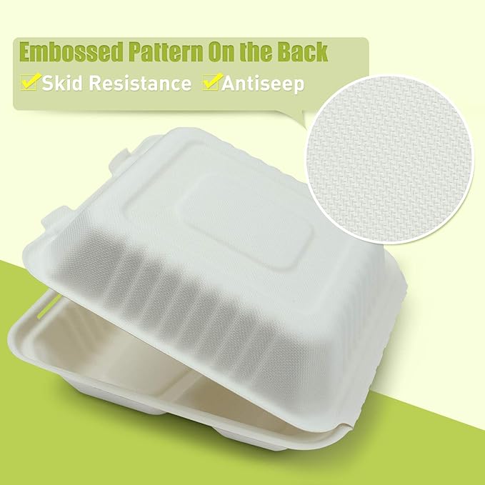 Green Earth 8-inch, 100-Count, 3-Compartment, Compostable Clamshell, Natural Bagasse (Sugarcane Fiber), Take-Out/to-Go Food Boxes - Biodegradable Containers, Hinged Lid Microwave-Safe Gluten-Free