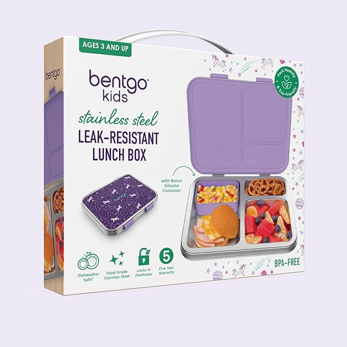 Bentgo Kids Stainless Steel Prints Leak-Resistant Lunch Box - 3-Compartments with Bonus Silicone Container, Durable, Eco-Friendly, Dishwasher Safe, BPA-Free, Ideal for School, Ages 3+ (Unicorn)