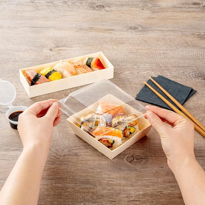 Restaurantware LIDS ONLY: Taipei 5.3 x 5.3 x 1 Inch Square Transparent Lids 100 Plastic Lids For 14 Ounce Square Flare Wooden Containers - Containers Sold Separately Clear Plastic To Go Box Lids
