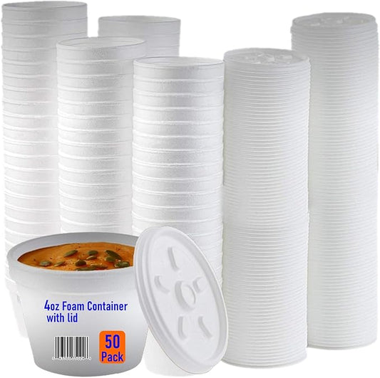 Mr Miracle Foam Bowl with Lid for Hot and Cold Foods – 4 Ounce Disposable Soup Container with Vented Lid, Great for Ice Cream, Yogurt, Soup, Takeout [50 pack]