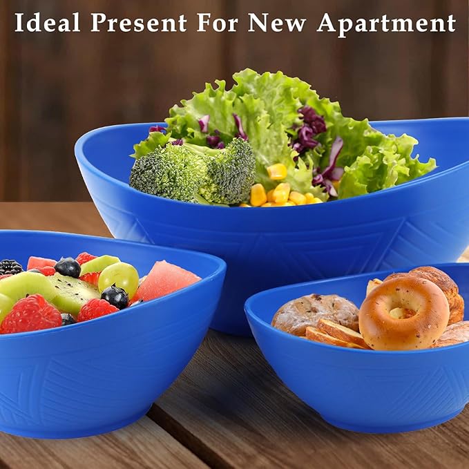 Salad Bowls Set of 6 with Textured Pattern,Unbreakable Wheat Straw Bowls for Cereal,Salad and Snack. Blue