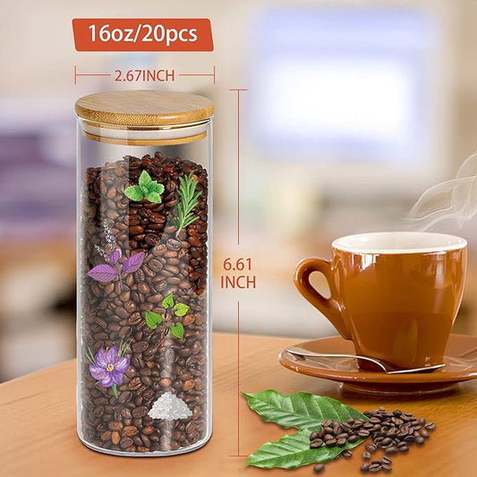 16 oz 20 pcs Glass Jars with Bamboo Lids, Airtight Kichen Glass Pantry Storage Containers with Lids for Rice, Candy, Sugar, Flour, Nuts, Cookie, Spice