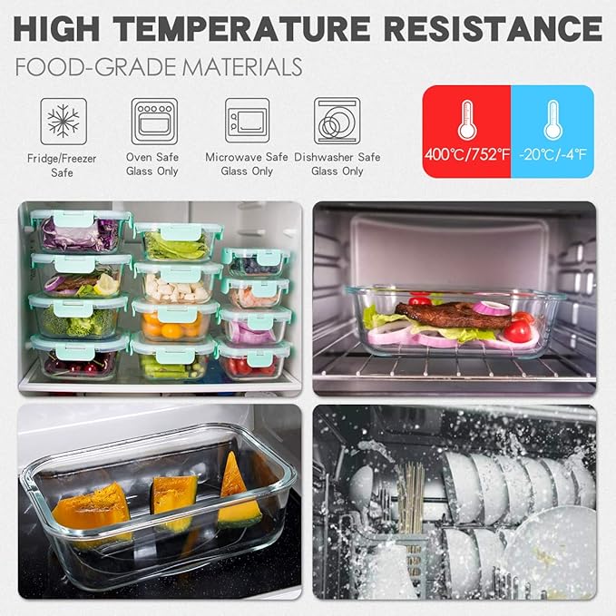 24-Piece Glass Food Storage Containers - Airtight Snap Locking Lids, See-through Borosilicate Glass Meal Prep Containers, Great On-The-Go Glass Lunch Boxes, Fridge, Microwave, Dishwasher Safe