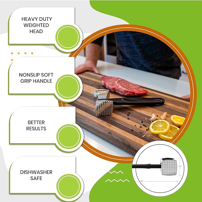 Spring Chef Stainless Steel Rectangular Measuring Spoons, Set of 7 & Heavy Duty Meat Tenderizer, Black - 2 Product Bundle