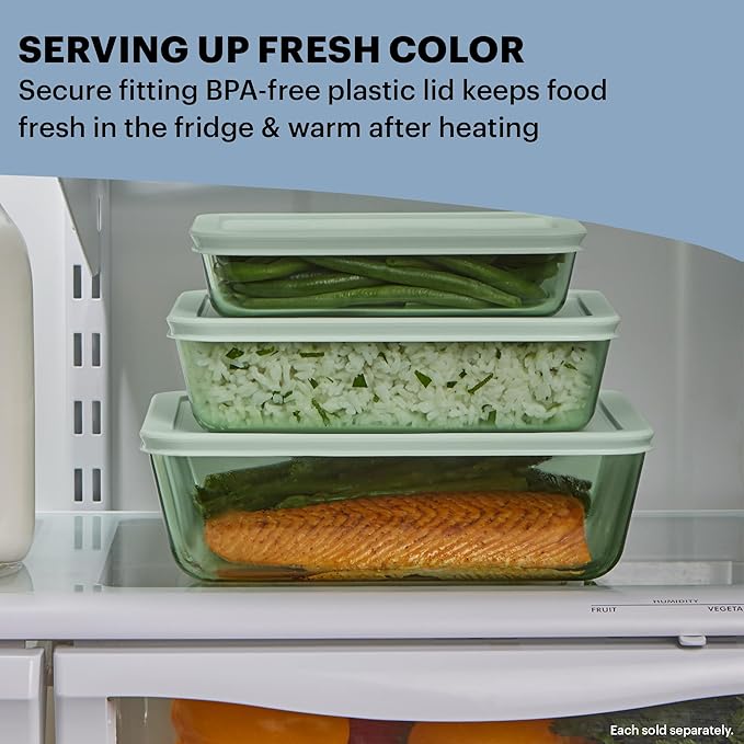 Pyrex Colors (2-Pack) Tinted Glass Large Rectangular Food Storage Container Set, Snug Fit Non-Toxic Plastic BPA-Free Lids, Freezer Dishwasher Microwave Safe, 6 Cup & 11 Cup, Green