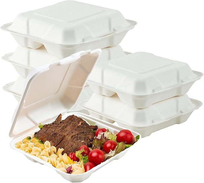 Priority1 Paper 8x8 Inch, 200 Count, 1 - Compartment to go Containers with Lids, Disposable Take Out Food Containers, Microwave Safe Clamshell