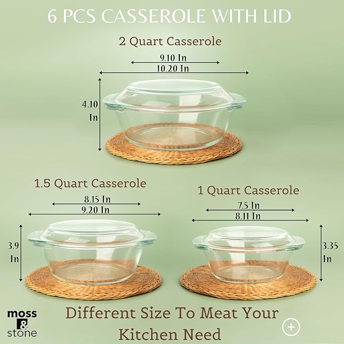 Moss & Stone Basics 6-Piece Clear Glass Casserole Dishes for Oven With Lids, Durable Borosilicate Glass Bakeware Set, Glass Bowls Bakeware Dish Microwave Safe, 3 Size Round Casserole Dish With Lid