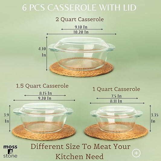 Moss & Stone Basics 6-Piece Clear Glass Casserole Dishes for Oven With Lids, Durable Borosilicate Glass Bakeware Set, Glass Bowls Bakeware Dish Microwave Safe, 3 Size Round Casserole Dish With Lid