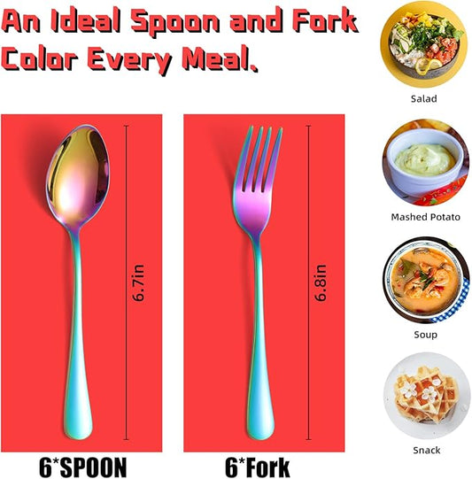12 Pieces Rainbow Forks and Spoons Set for 6, KITWARE Stainless Steel Flatware Cutlery Set, Colored Silverware Set Kitchen Utensils Set for Home, travel and Resturant, Dishwasher Safe