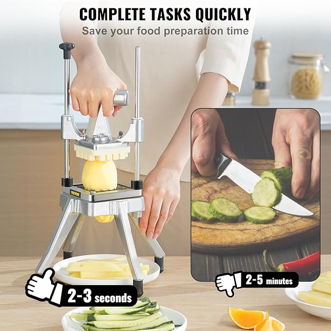 VEVOR Commercial Vegetable Fruit Chopper, Stainless Steel French Fry Cutter w/ 4 Blades 1/4" 3/8" 1/2", Vegetable Chopper Dicer w/Stainless Bowl, Heavy Duty Cutter for Potato Tomato Onion Mushroom