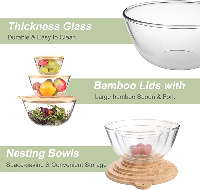 Glass Salad Bowls, Set of 3 Glass Bowls with Bamboo Lids Large Serving Bowl for Salad, Pasta, Desserts, W/Bamboo Utensils Salad Fruit Nesting Bowl for Cooking,Baking,Prepping,Serving & Storage