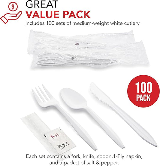 Party Essentials Individually Wrapped Plastic Cutlery Packets/Silverware Kits, White Fork/Spoon/Knife/Napkin/Salt/Pepper, 100 Sets