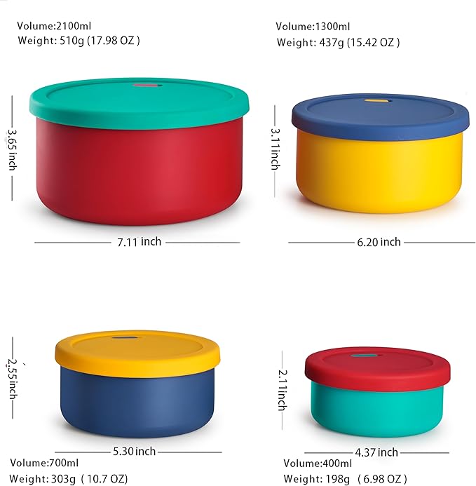 KSENDALO Silicone Containers with Lids Set of 4,Reusable Silicone Food Storage Containers from Large 2100mL to 400ml, Ideal for Meal Prep Containers, Lunch Box,Travel, Camping, Multicolors