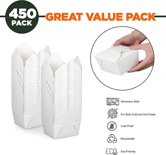 Fit Meal Prep 450 Pack 30 oz Paper Take Out Containers 5 x 4.2 x 2.5 - White Lunch Meal Food Boxes #1, Disposable Storage To Go Packaging, Microwave Safe, Leak Grease Resistant for Restaurant