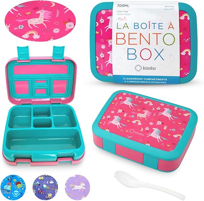 Unicorn Bento Lunch Box for Girls Toddlers, 5 Portion Control Sections, BPA Free Removable Plastic Tray, Pre-School Kid Toddler Girl Daycare Lunches, Snack Container Ages 3 to 7 Pink