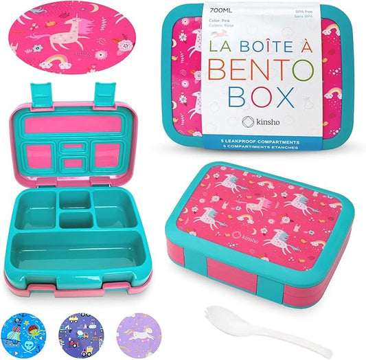Unicorn Bento Lunch Box for Girls Toddlers, 5 Portion Control Sections, BPA Free Removable Plastic Tray, Pre-School Kid Toddler Girl Daycare Lunches, Snack Container Ages 3 to 7 Pink
