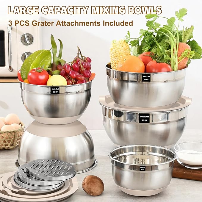 Umite Chef Mixing Bowls with Airtight Lids Set, 8PCS Stainless Steel Khaki Nesting Bowls with Grater Attachments, Kitchen Bowls with Non-Slip Bottoms, Size 5, 4, 3.5, 2, 1.5QT for Mixing & Serving