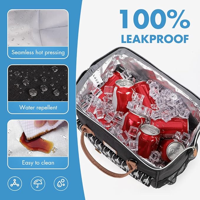 Lekesky Lunch Bags for Women Leakproof Insulated Lunch Box with Adjustable Shoulder Strap Reusable Lunch Cooler Tote Bag for Work, Picnic, Camping, 15L, Black
