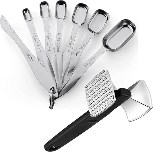 Spring Chef Stainless Steel Rectangular Measuring Spoons, Set of 7 & Heavy Duty Meat Tenderizer, Black - 2 Product Bundle