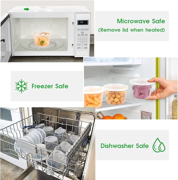 [50 Pack, 16oz] Food Storage Containers with Lids - BPA-Free | Airtight | Stackable Plastic Deli Containers (Includes 10 Spoons & 10 Forks), Dishwasher, Microwave & Freezer Safe
