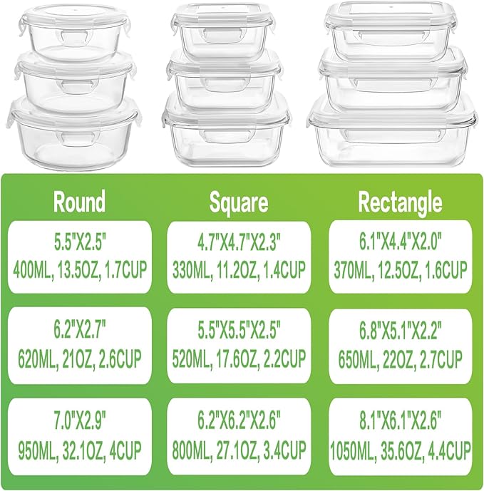 HOMBERKING Glass Food Storage Containers with Lids, [18 Piece] Meal Prep Containers, Airtight Lunch Bento Boxes (9 lids & 9 Containers) - White