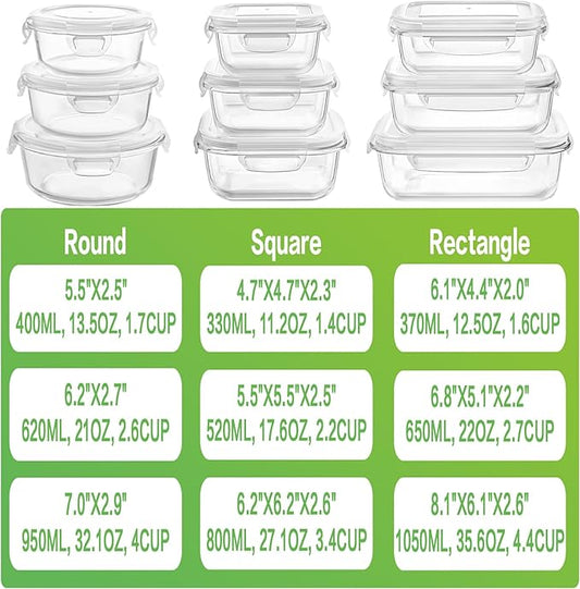 HOMBERKING Glass Food Storage Containers with Lids, [18 Piece] Meal Prep Containers, Airtight Lunch Bento Boxes (9 lids & 9 Containers) - White