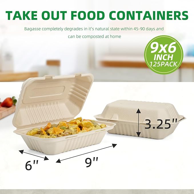 125-Pack 9x6 Inch Compostable Clamshell Take Out Food Containers,Disposable Heavy-Duty To Go Containers with Hinged Lid, Eco-Friendly Biodegradable Bagasse Take Out Food Boxes(Brown)