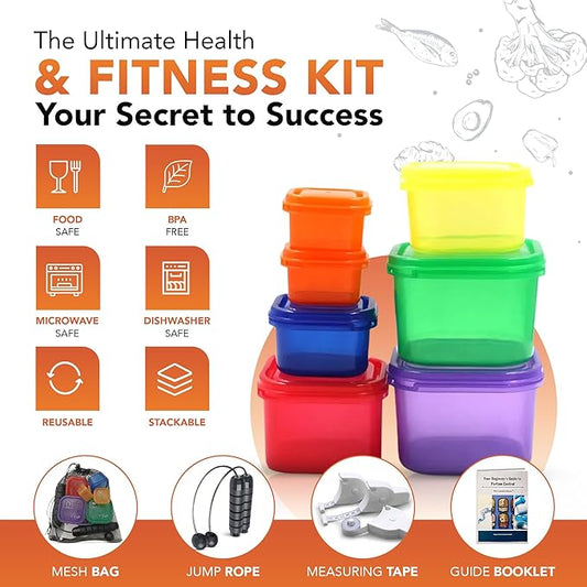 21 Day Portion Control Containers for Weight Loss with Booklet Guide - BPA Free Color-Coded Portion Control Containers, Body Measuring Tape, Cordless Jump Rope & Storage Bag