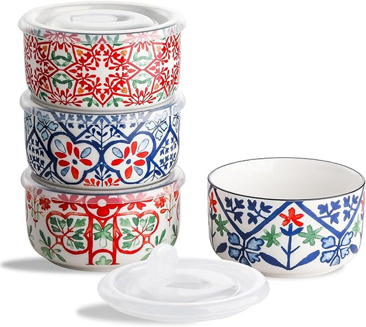 Ceramic Bowl with Lid: Microwave Safe Soup Containers Set of 4 for Meal Prep, Cereal, Salad, Picnic, Camping, Office Lunch, Kitchen Food Storage - 5 Inch, 20 oz, Design A