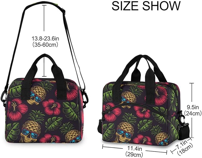 Hawaiian Pineapple Skull Insulated Lunch Bag Reusable Lunch Tote Bag Cooler Bag for Women Men Adult Lunch Box with Adjustable Shoulder Strap Leakproof Lunch Bag for Work School Picnic Camping