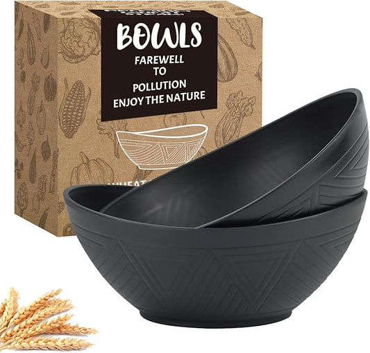Homienly Serving Bowls Large Fruit Bowls for Wedding and Dinner Parties Wheat Straw Bowl Set 60 Oz for Salad, Snacks Oval Shape Microwave & Dishwasher Safe Bowl Set of 2 Bowls for Kitchen - Black