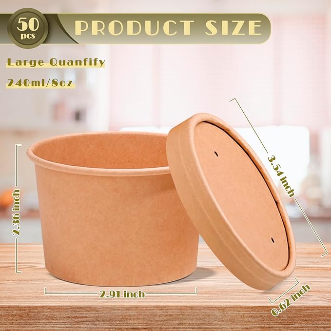 8oz Paper Soup Container Cup with Vented Lids, Disposable Paper Food Container Kraft Dessert Bowl Ice Cream Container Cup, Microwavable and Freezer Safe for Hot Soup, Ice Cream (100 Pcs - Kraft, 8 oz)