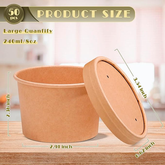 8oz Paper Soup Container Cup with Vented Lids, Disposable Paper Food Container Kraft Dessert Bowl Ice Cream Container Cup, Microwavable and Freezer Safe for Hot Soup, Ice Cream (100 Pcs - Kraft, 8 oz)