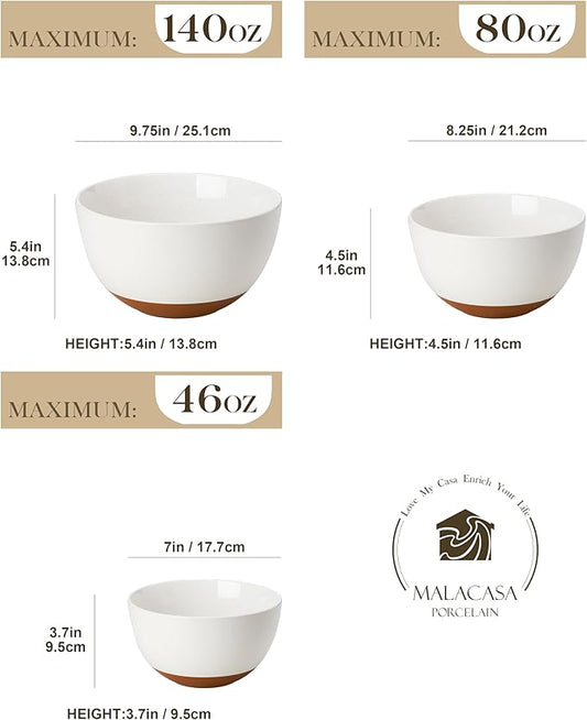 MALACASA Ceramic Large Mixing Bowls, Large Serving Bowls for Cooking, Prepping, Baking, Salad, Soup, Popcorn, Pasta, Nesting Bowls Set of 3, 4.38/2.5/1.44 Qt, Oven, Microwave and Dishwasher Safe