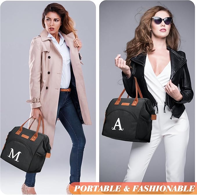 Personalized Lunch Box for Women, Initial Reusable Insulated Lunch Bag, Wide-Open Adult Lunchbox Cooler Lunchbag Snack Organizer, Initial Leakproof Lunch Tote Bag for Picnic Work Outdoors Black -B
