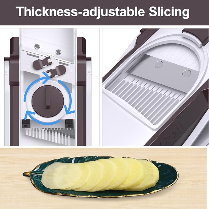 Safe Mandoline Slicer for Kitchen, Adjustable Thickness 0.1-8 mm, 5 in 1 Multi Vegetable Chopper, Potato Slicer, Food Chopper French Fry Cutte, with Paring Knife/Cleaning Brush, Mandolin (Brown)