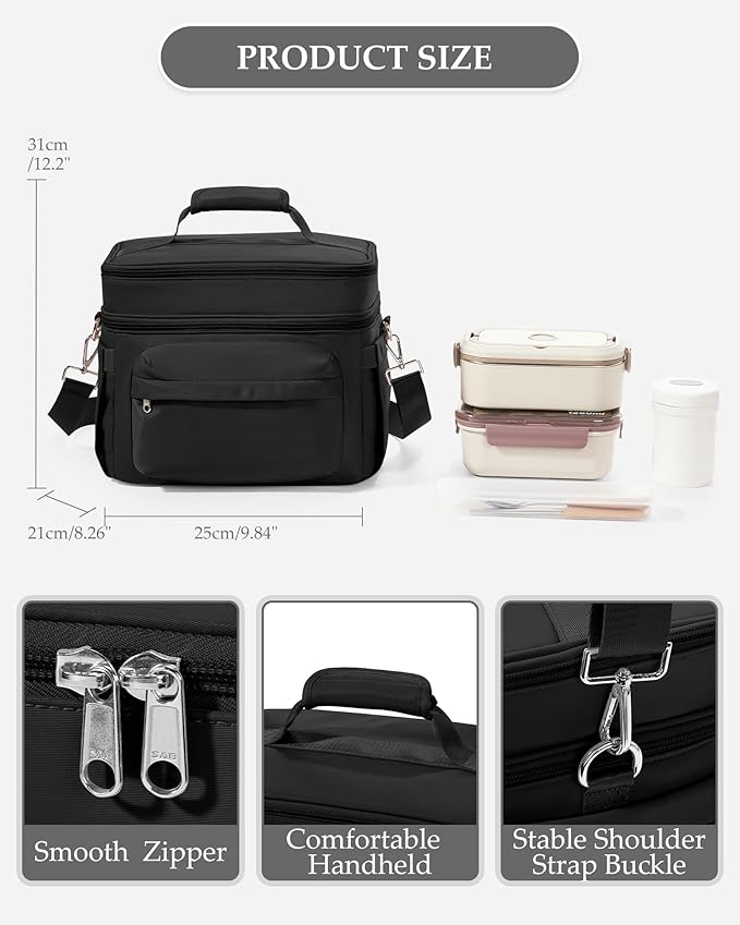 Lunch Box Women Insulated Lunch Bag Men Expandable Waterproof Leakproof Lunch Boxes Large Lunch Tote Cooler Bag for Work with Water Bottle Holder Black
