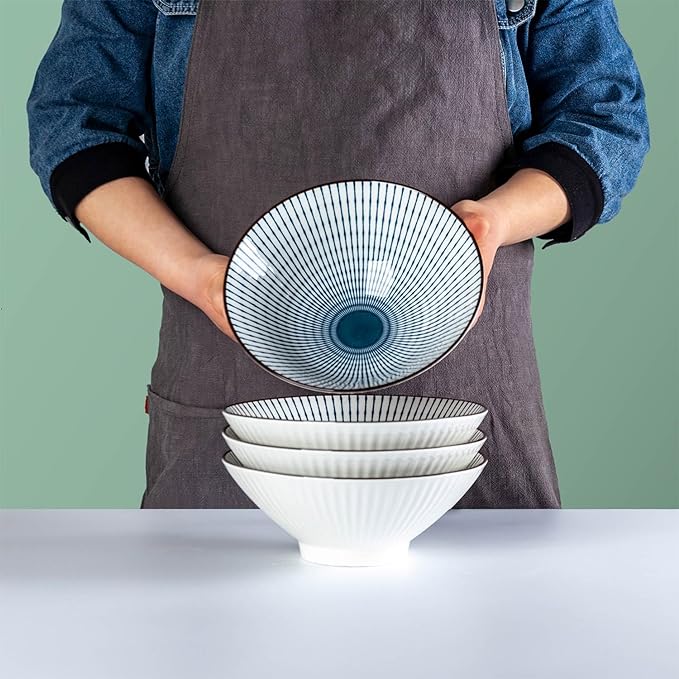 38 oz Japanese Ramen Bowls Set of 4, Large Pho Bowls, 8 Inch Ceramic Blue and White Soup Bowls, Striped Pattern