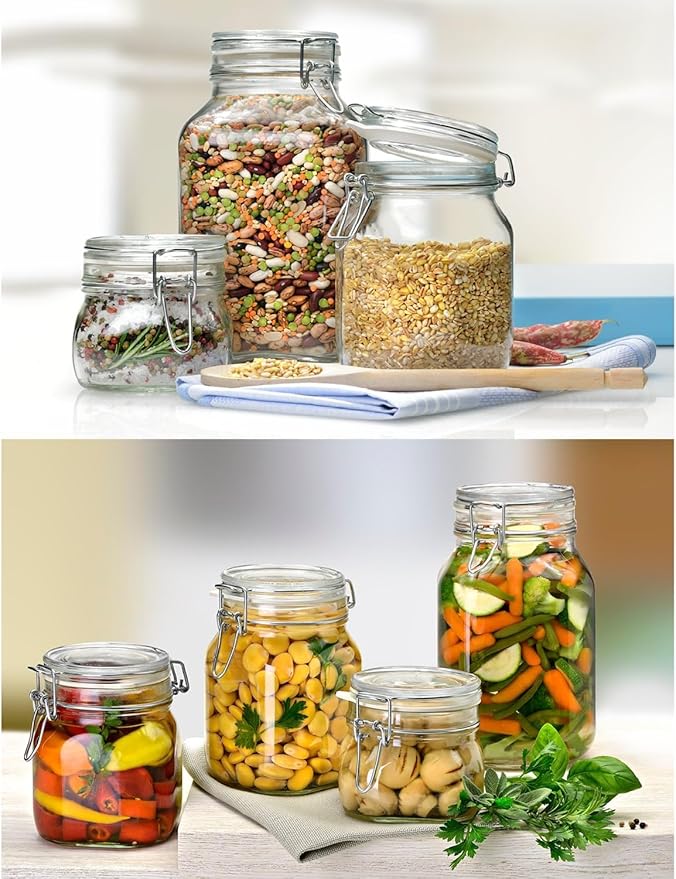 Bormioli Rocco Fido Wide Mouth Squared Glass Jar with Airtight Gasket Clamp Lid for Canning and Food Storage, Clear Top, 50.75 oz.